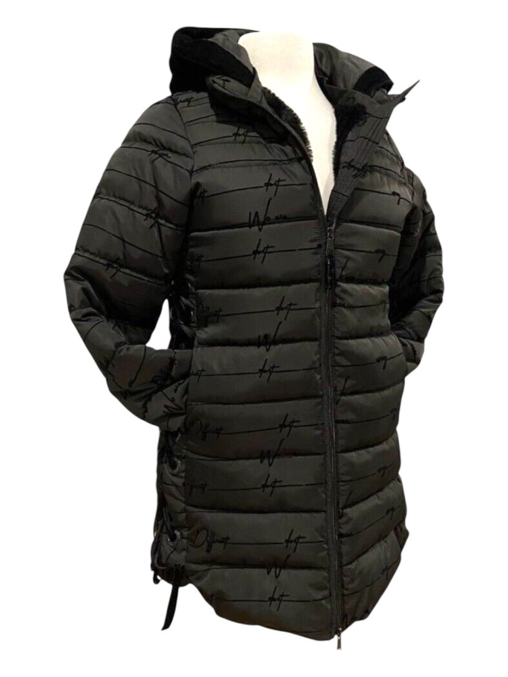 Desigual Womens Long Black Hooded Puffer Jacket Size 36 With Side Lace Details